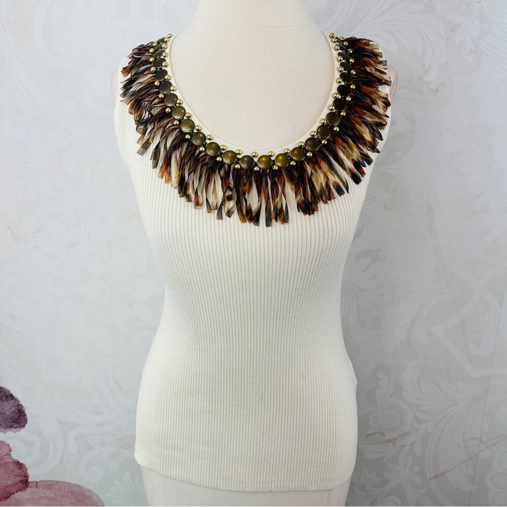 Ruby Rd. Ribbed Cream Beaded Fringe Neckline Tank Size Small